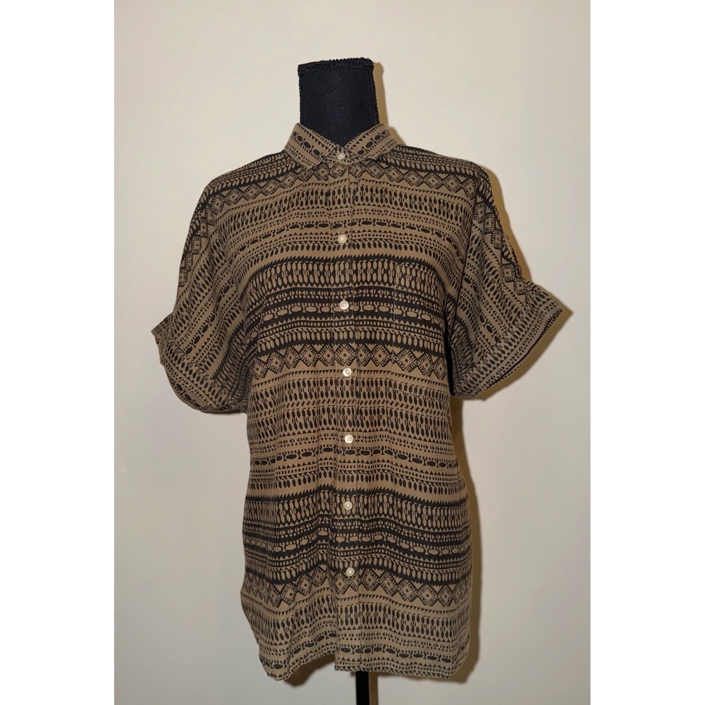 Olive Green Tribal Geometric Print Gauze Boyfriend Short Sleeve Button Down